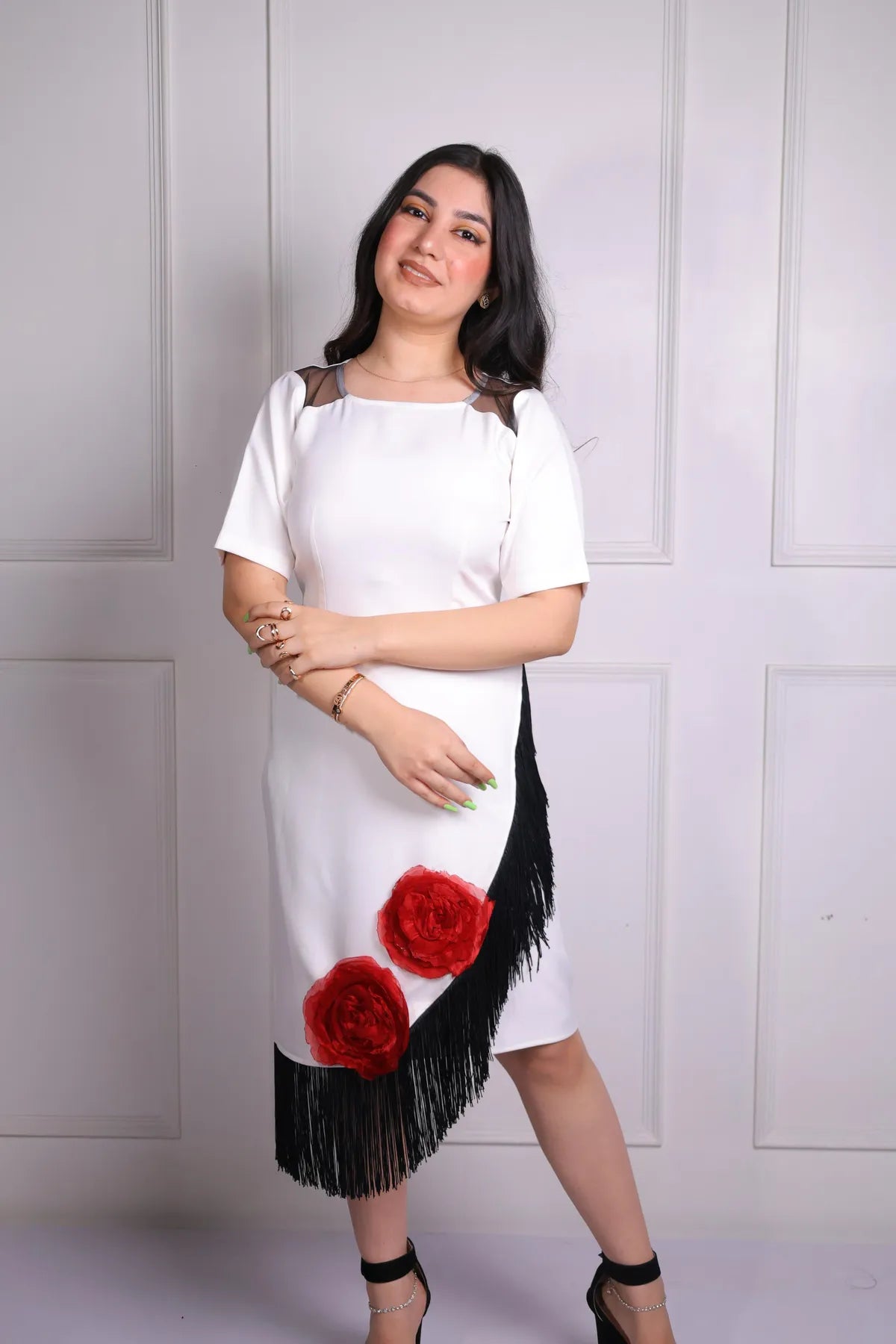 White Fringe Rose Dress