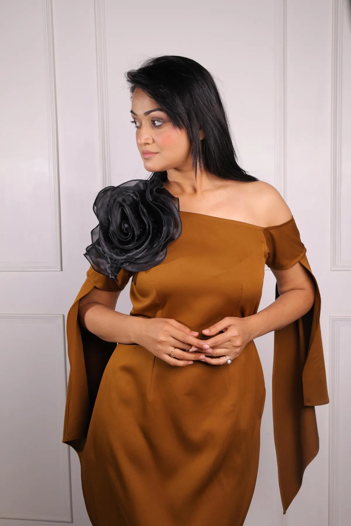 Brown Cape Sleeve Dress