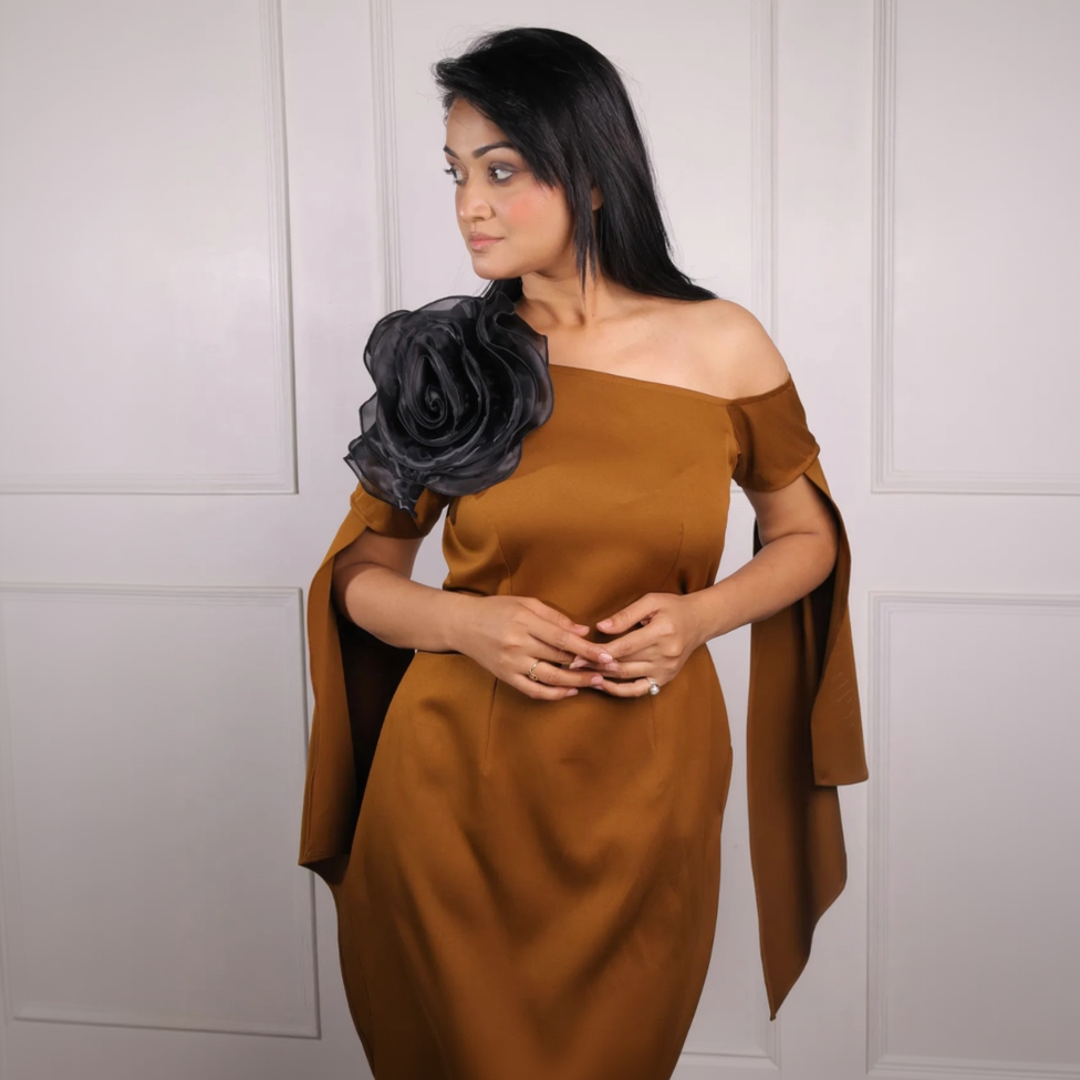 Brown Cape Sleeve Dress