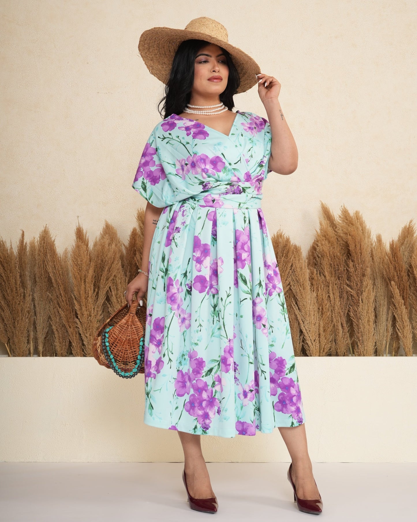 Floral Wrap Box Pleated Midi Dress