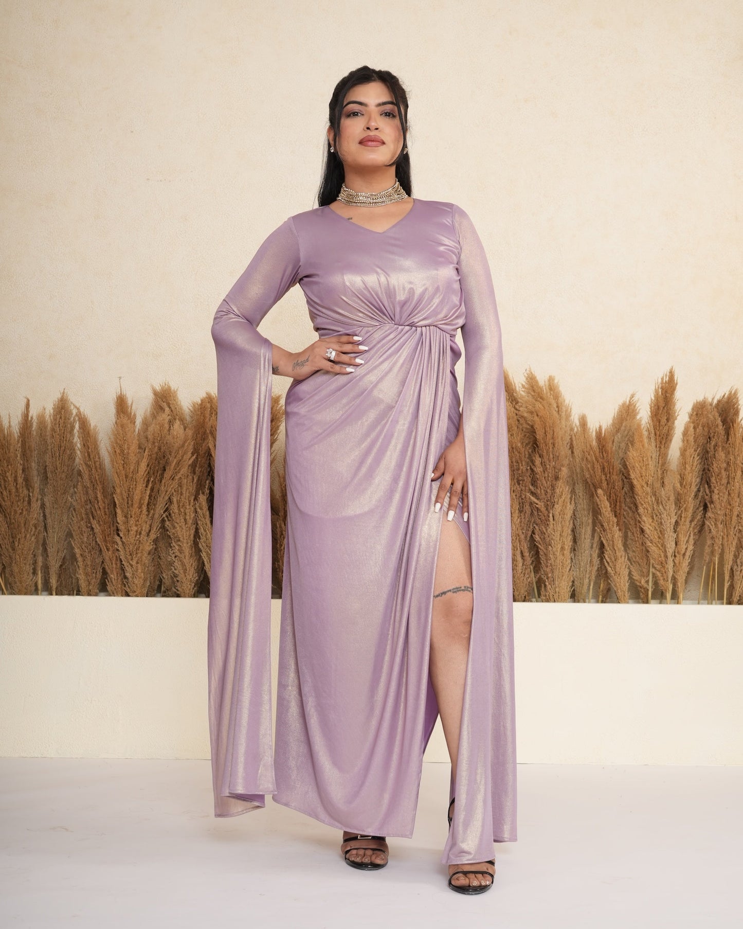 Lavender Metallic Draped Gown with Cape Sleeves