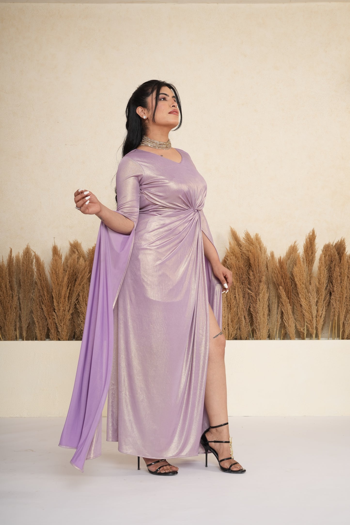 Lavender Metallic Draped Gown with Cape Sleeves