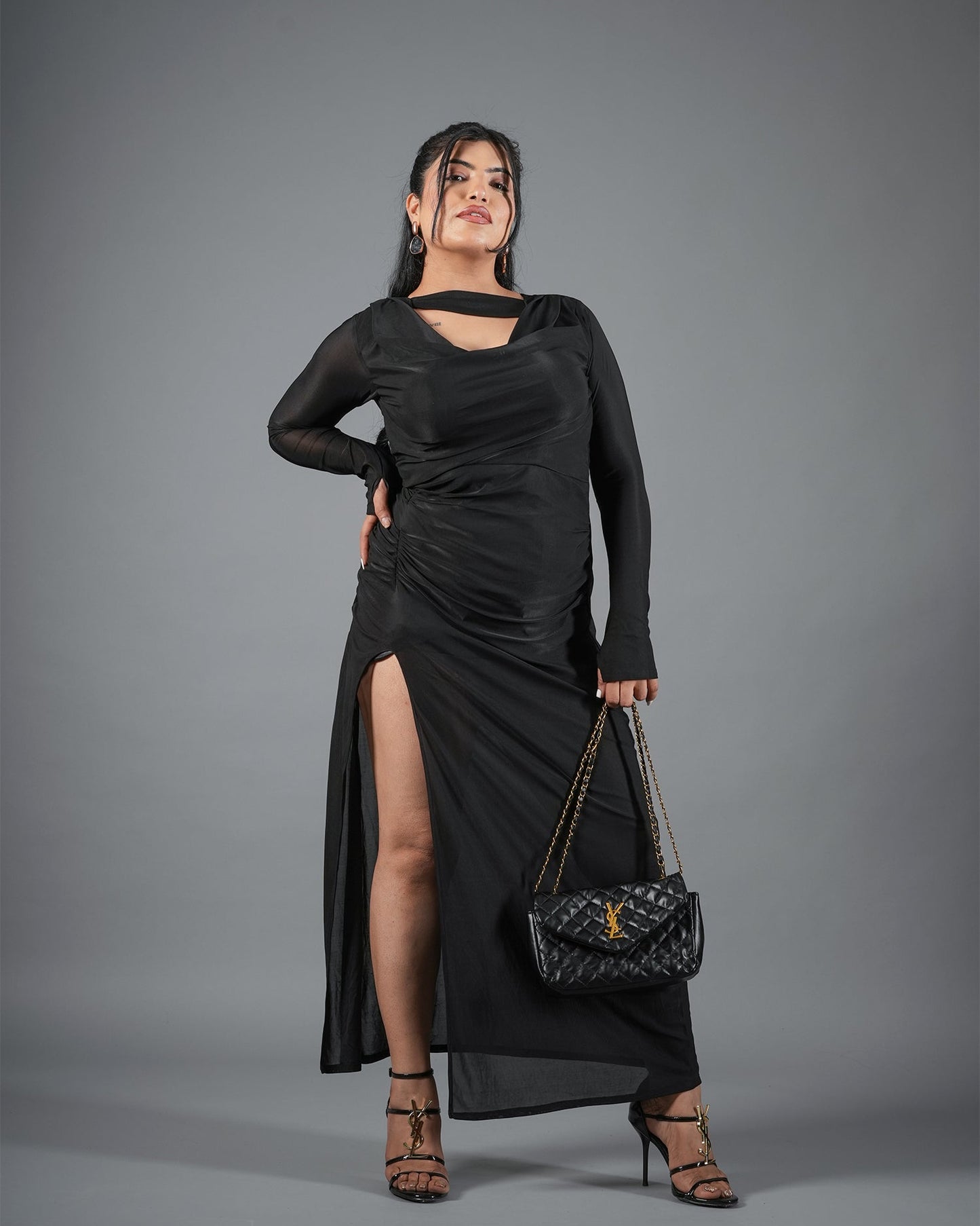 Midnight Black Long Sleeve Cowl Neck Gown
