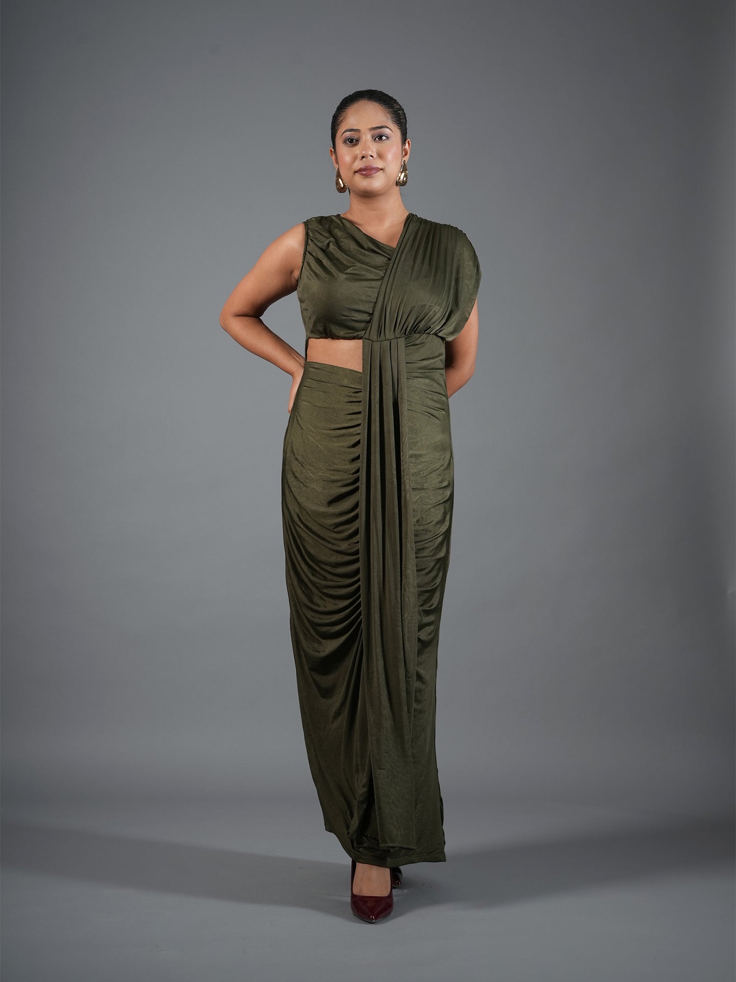 Olive Green Draped Maxi Dress with Waist Cut-Out