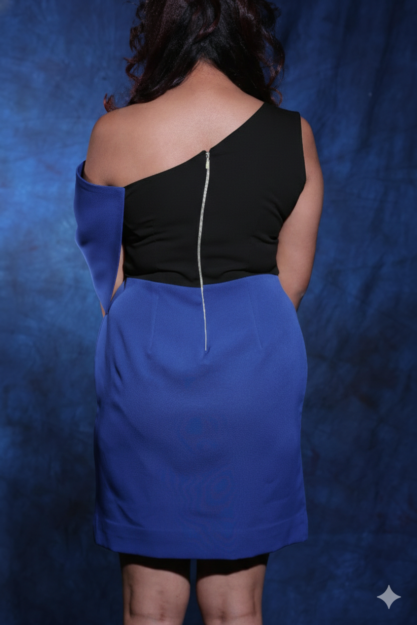 Royal Blue & Black One-Shoulder Bow Mini Dress.