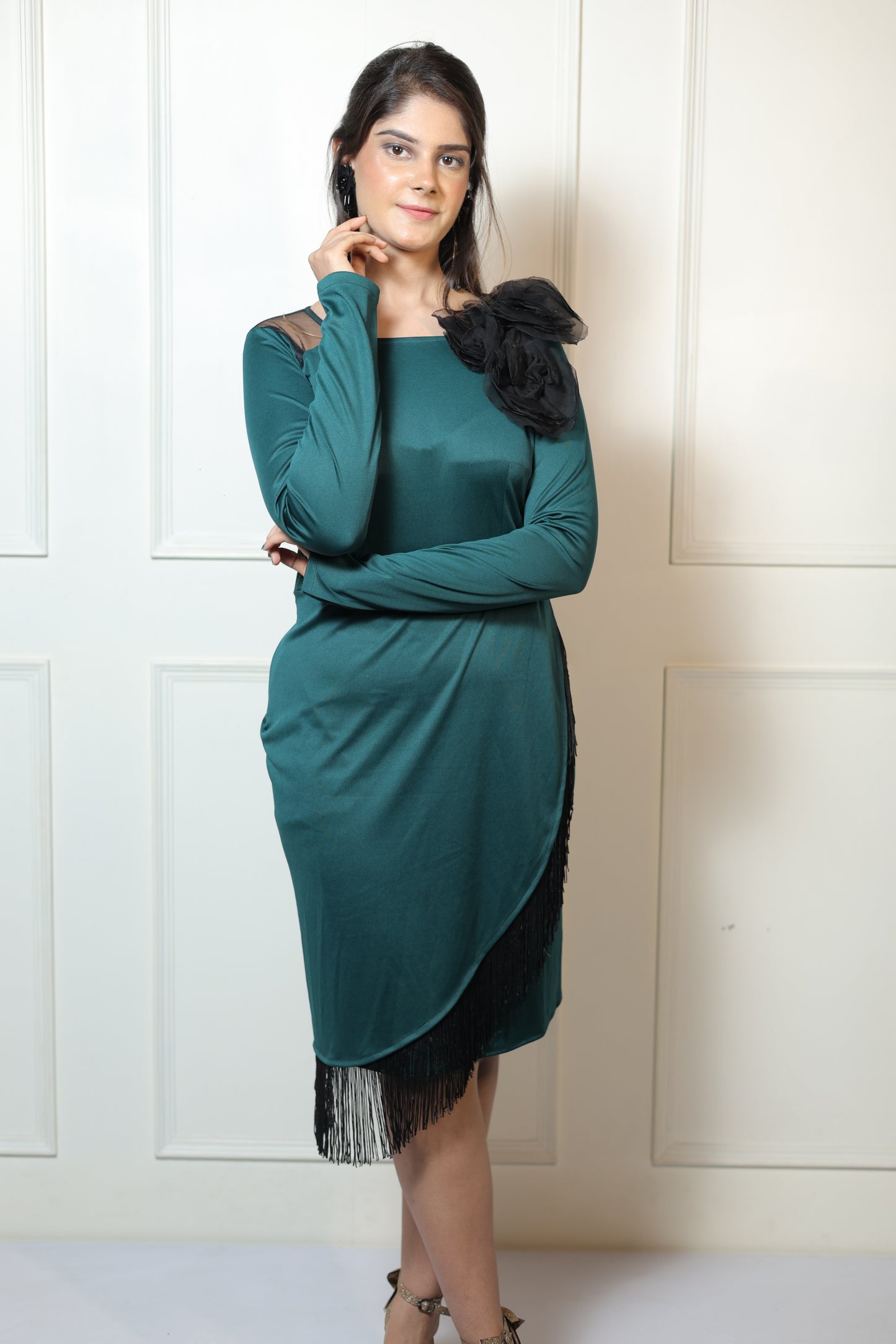 Bottle Green Fringe Flower Dress