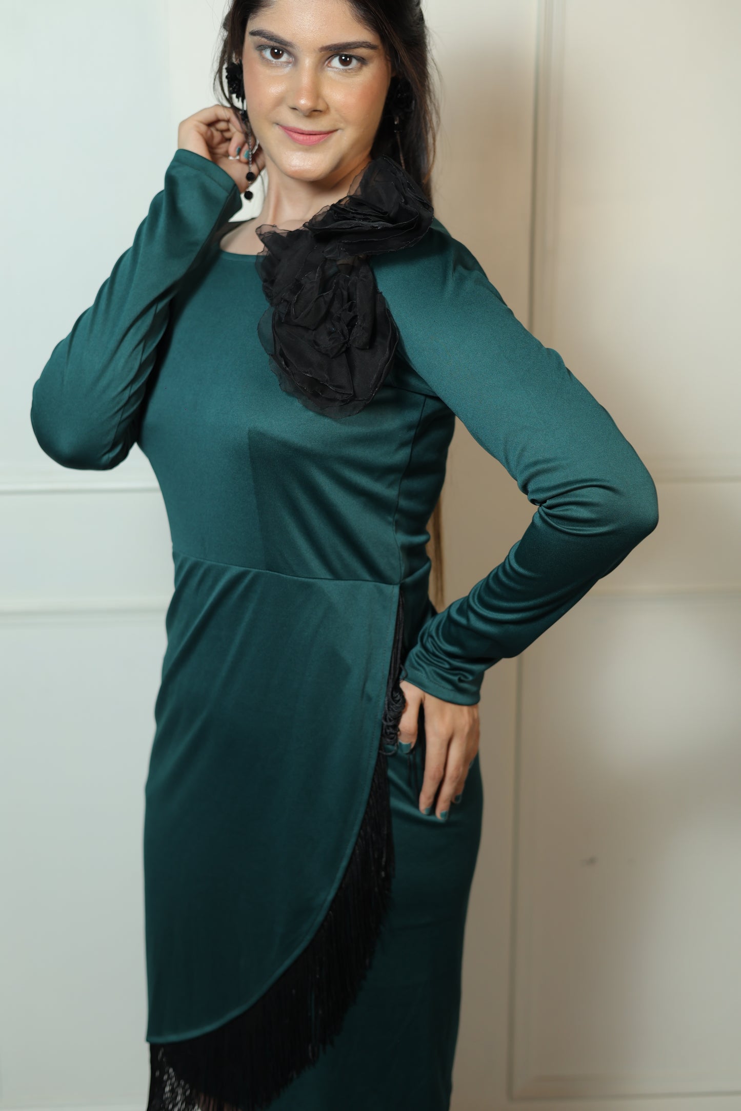 Bottle Green Fringe Flower Dress