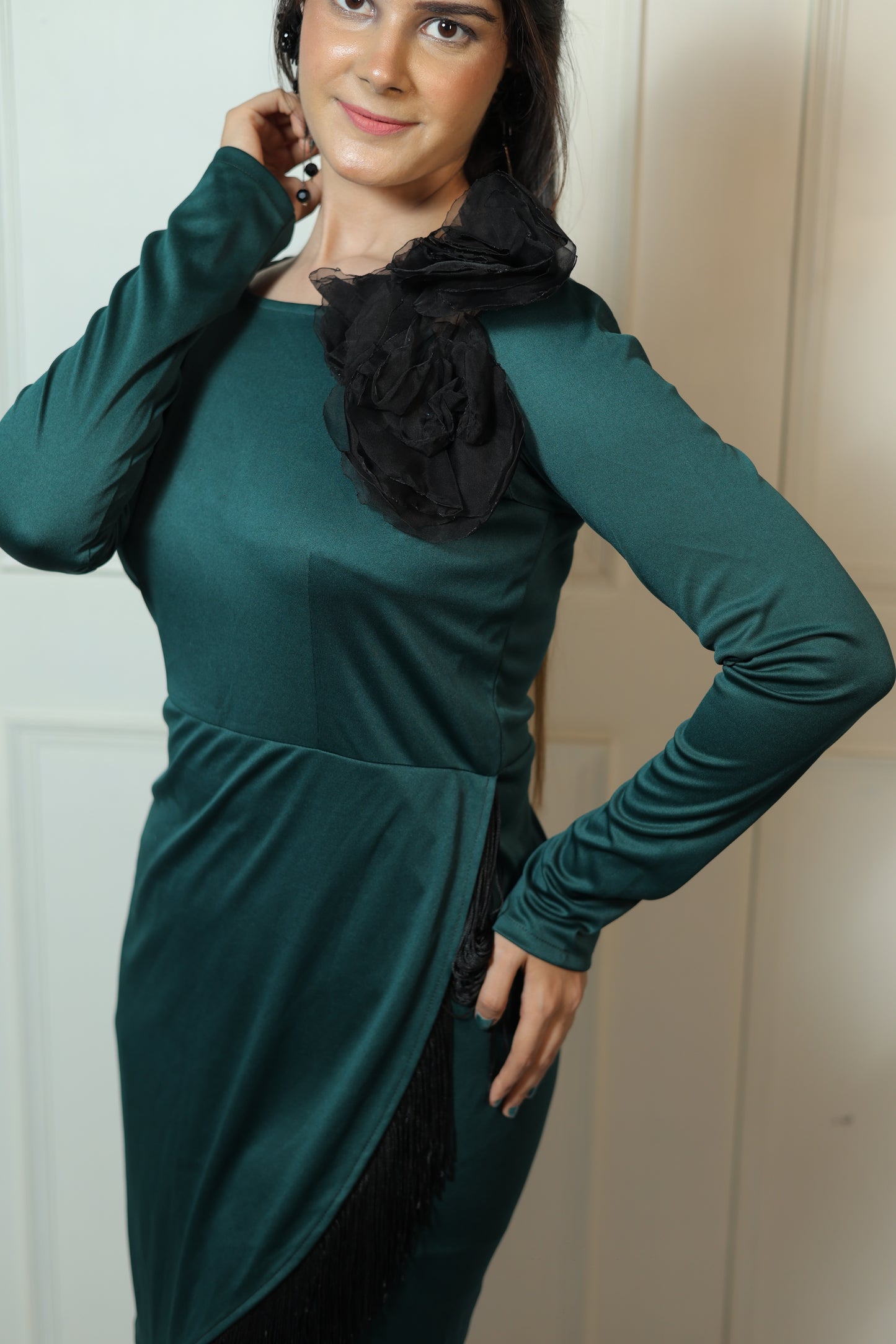 Bottle Green Fringe Flower Dress