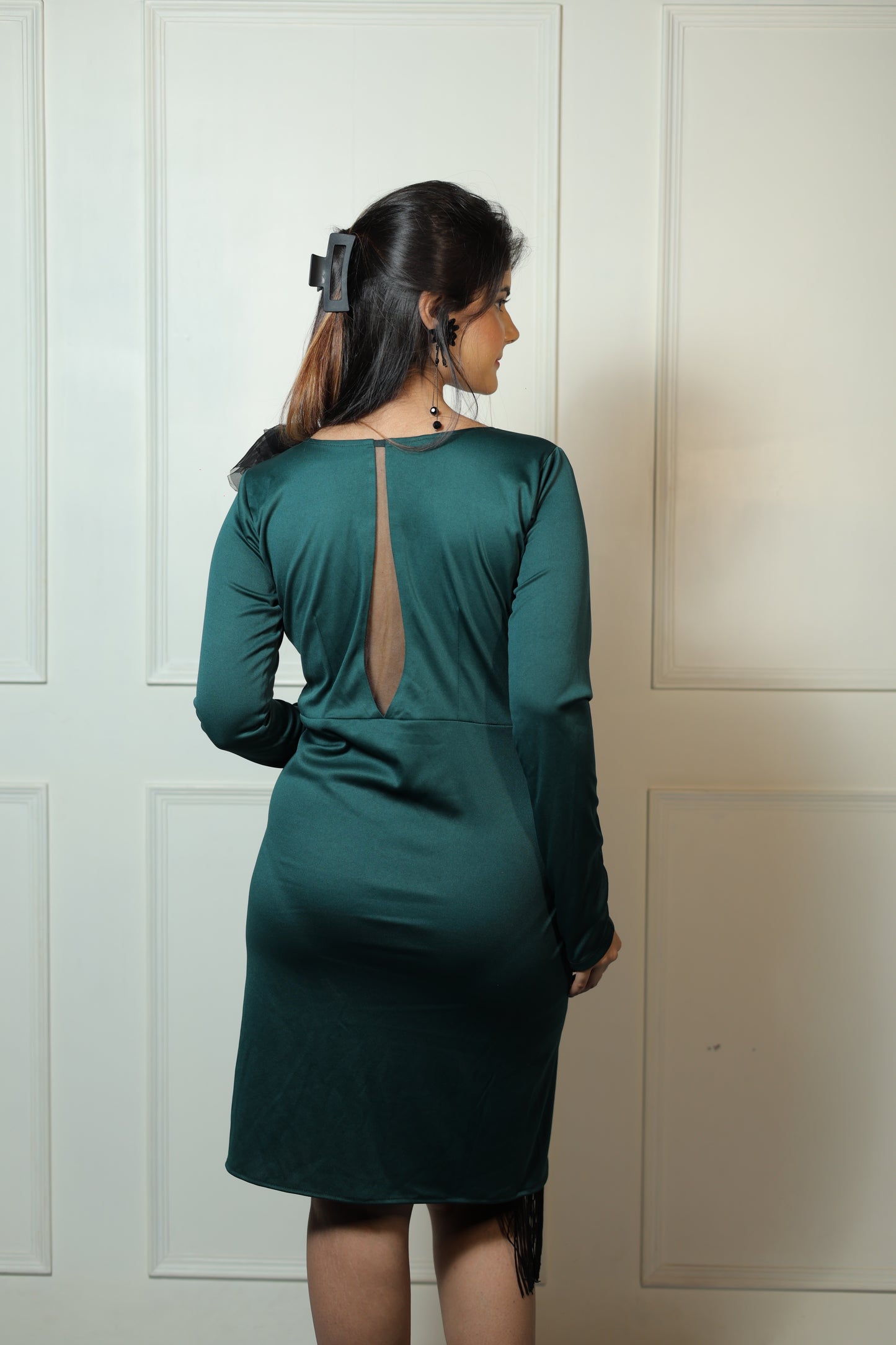Bottle Green Fringe Flower Dress