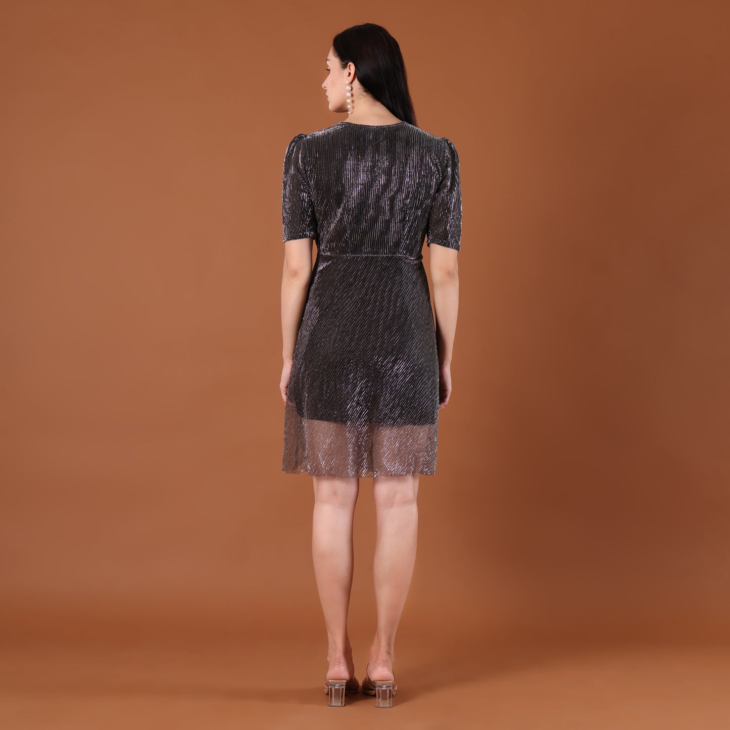 Gunmetal Silver Metallic Shimmer Belted Mini Dress