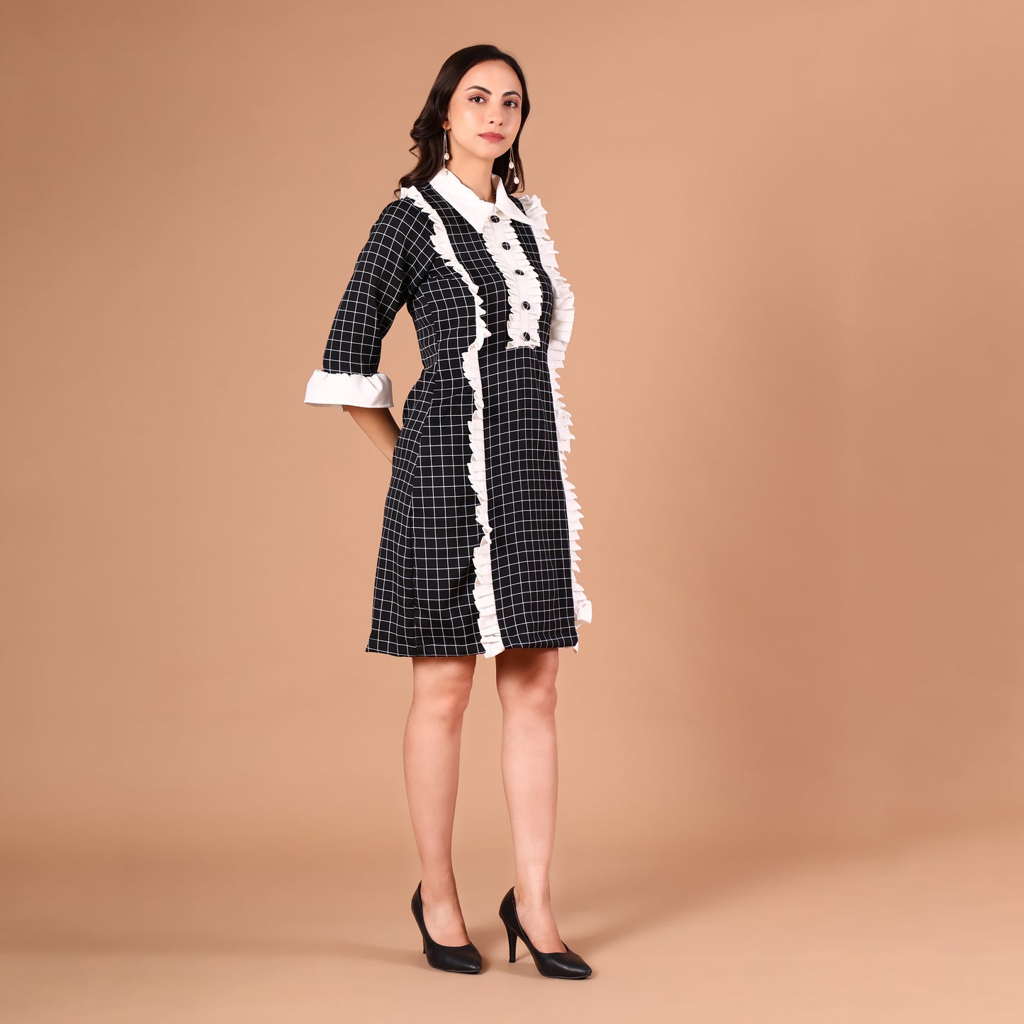 Black & White Check Ruffle Shirt Dress