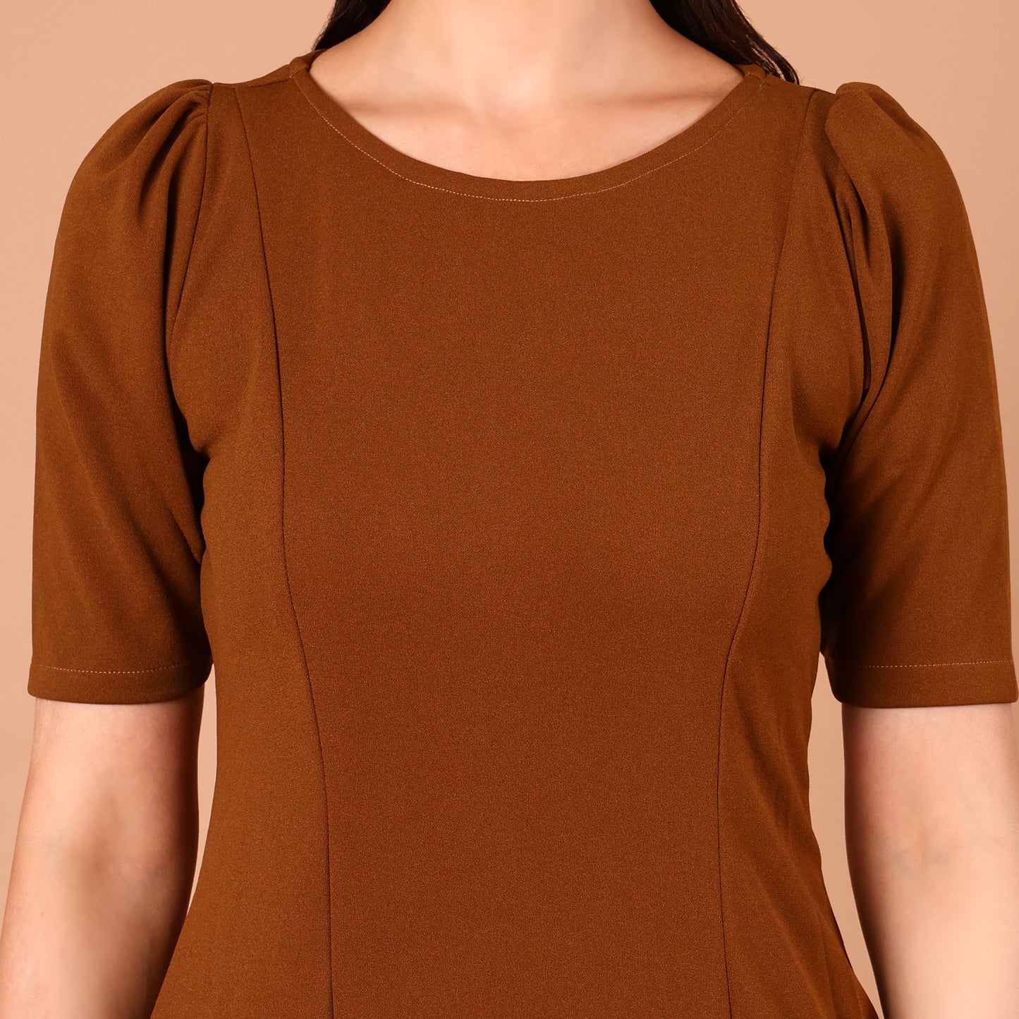 Rust Brown Drop-Waist Pleated Midi Dress