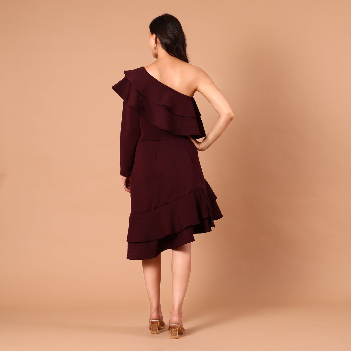 Burgundy One-Shoulder Ruffle Dress