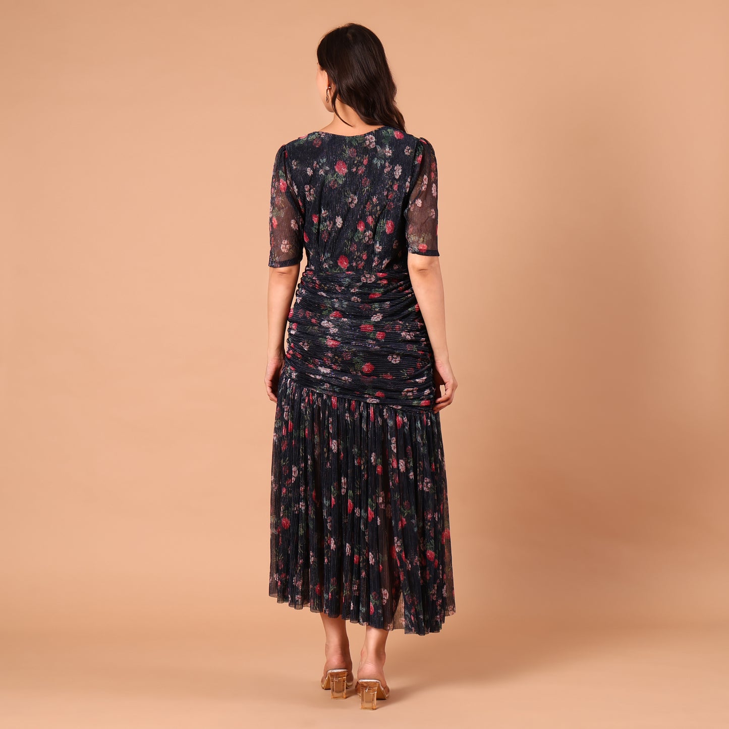 Navy Floral Print Shimmer Midi Dress