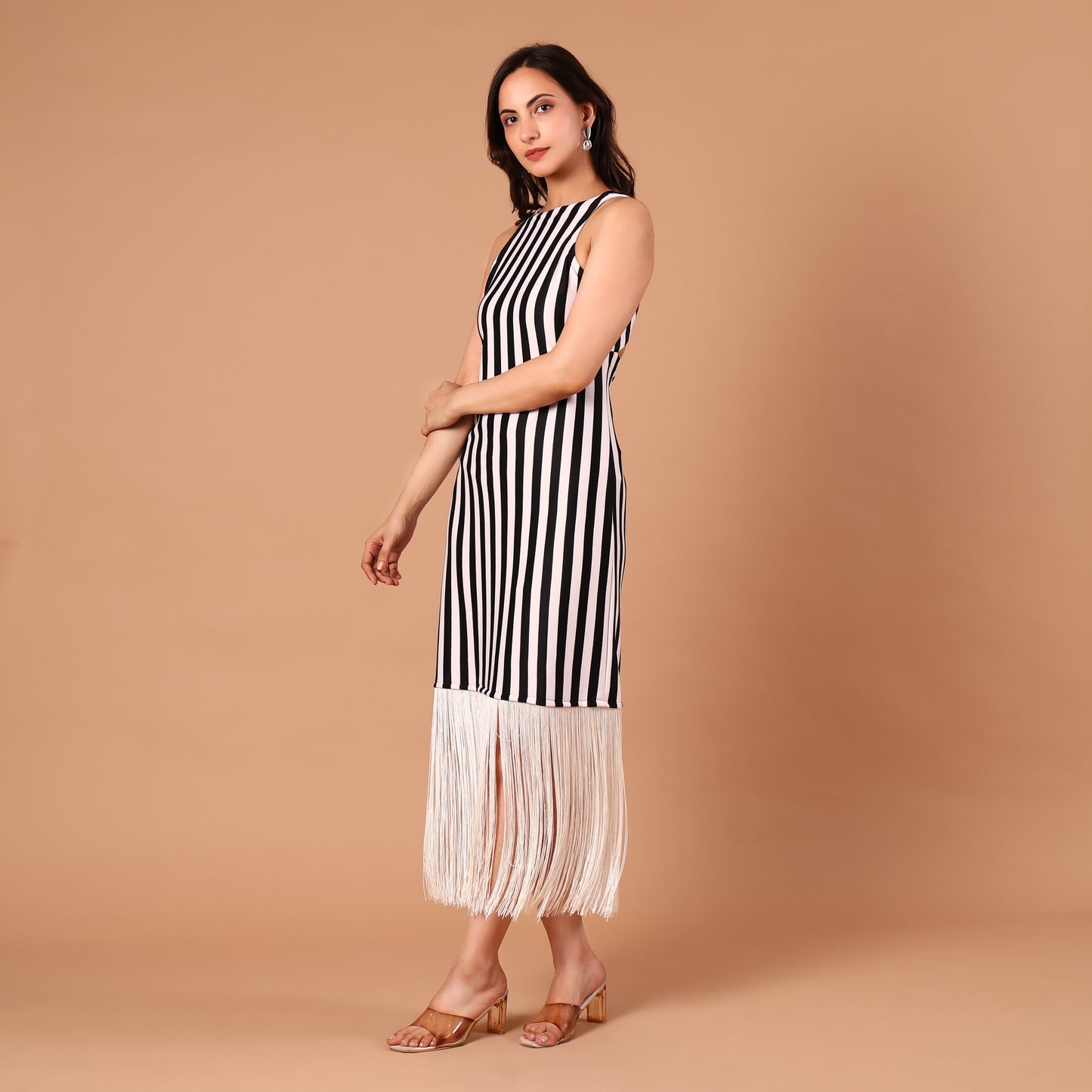 Monochrome Stripe Fringe-Hem Dress
