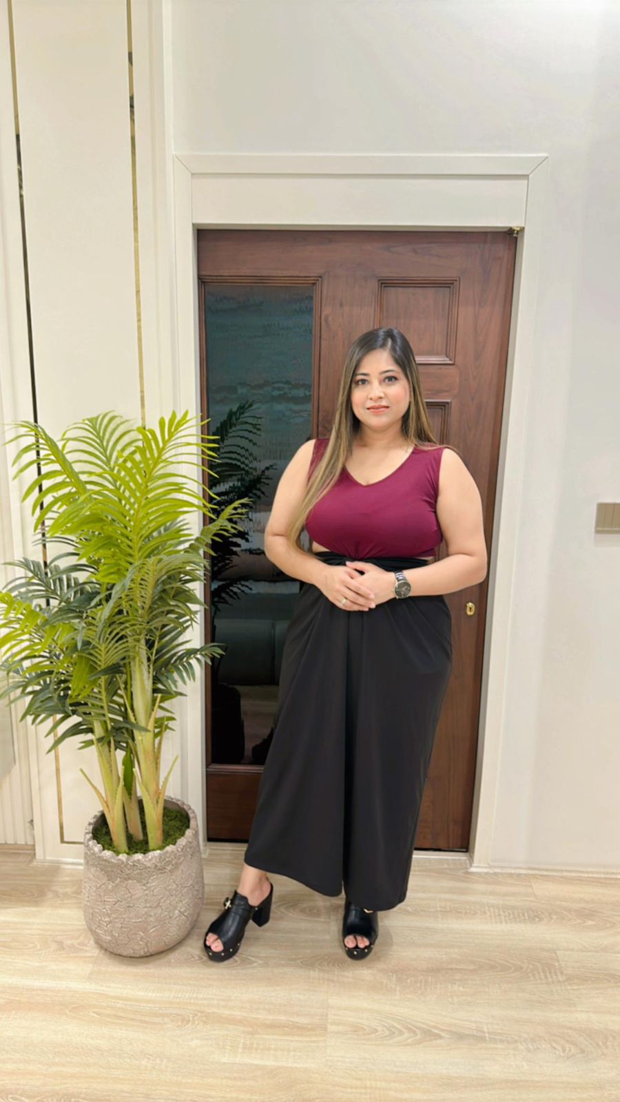 Dual Pleated Dress Maroon Black