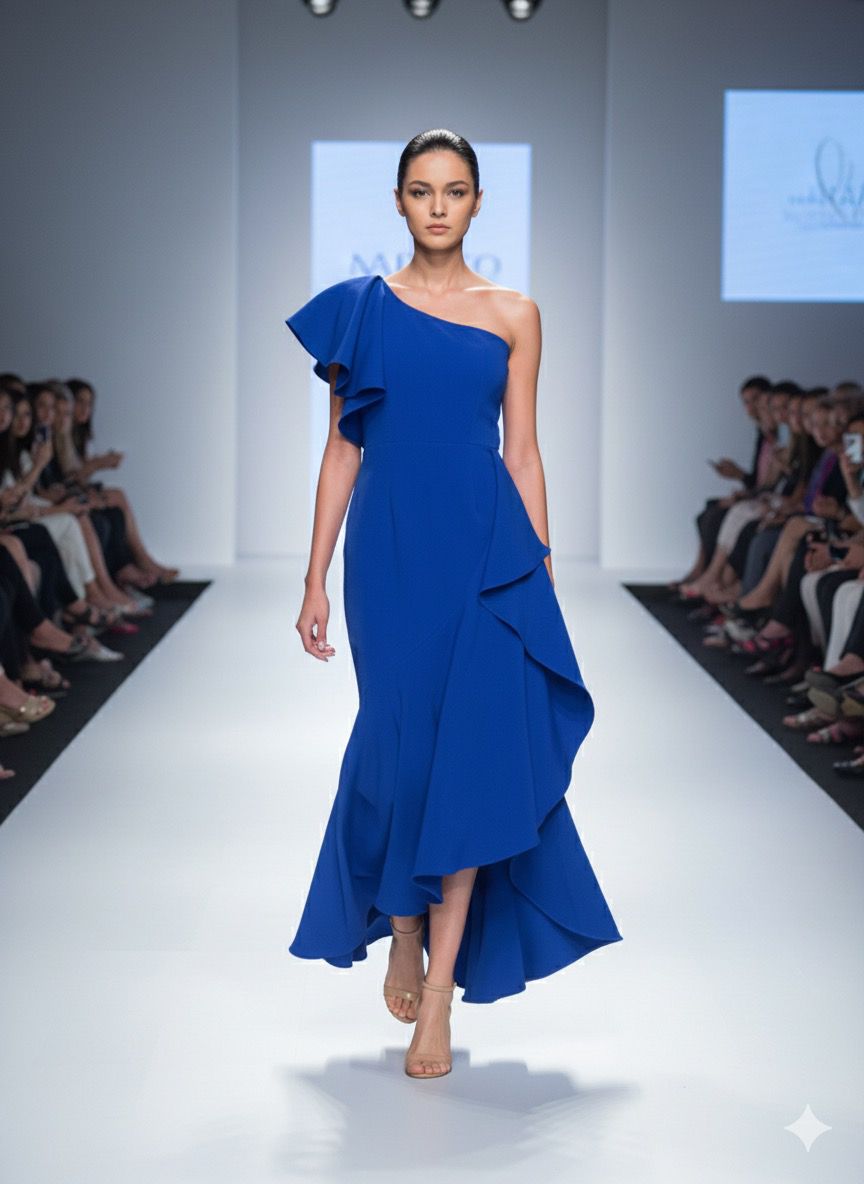 Cobalt Blue One-Shoulder High-Low Ruffle Dress