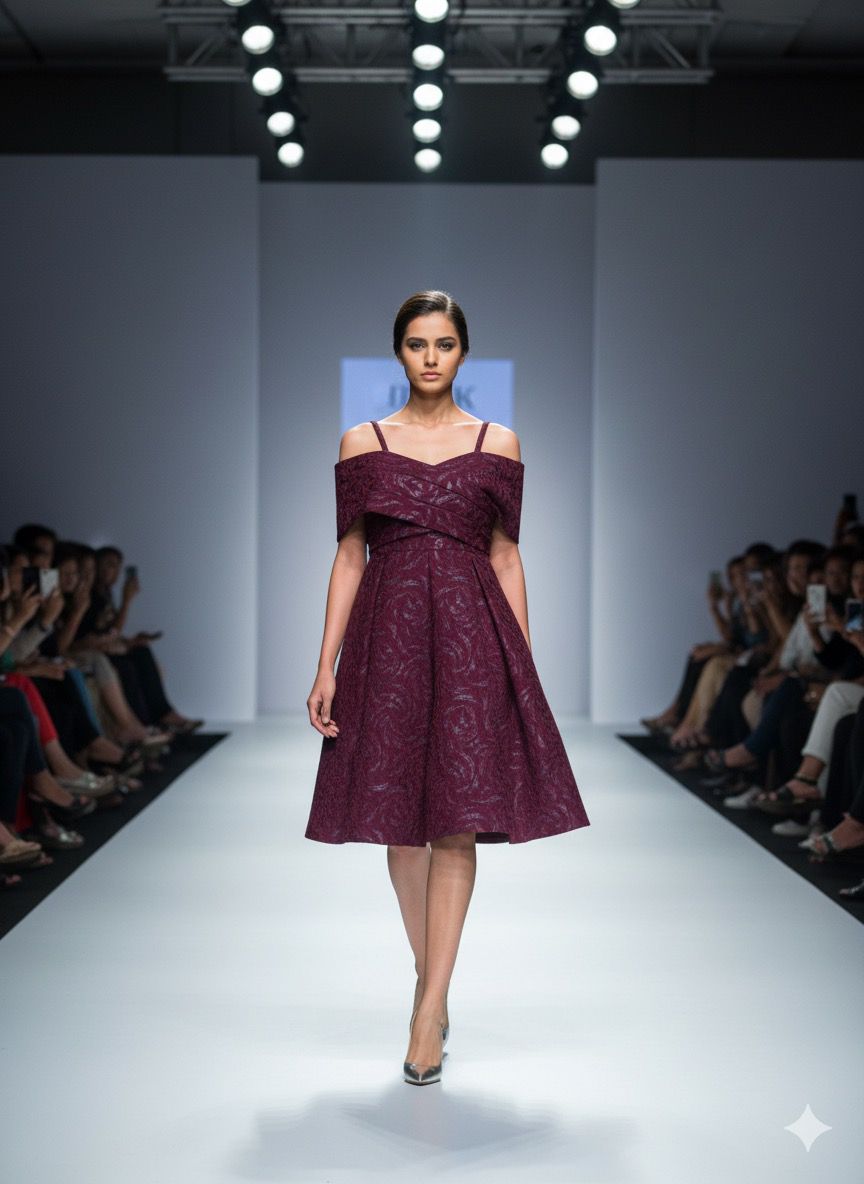 Burgundy Brocade Cross-Over Off-Shoulder Dress