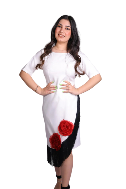White Fringe Rose Dress