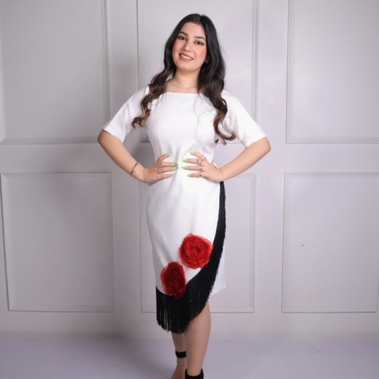 White Fringe Rose Dress