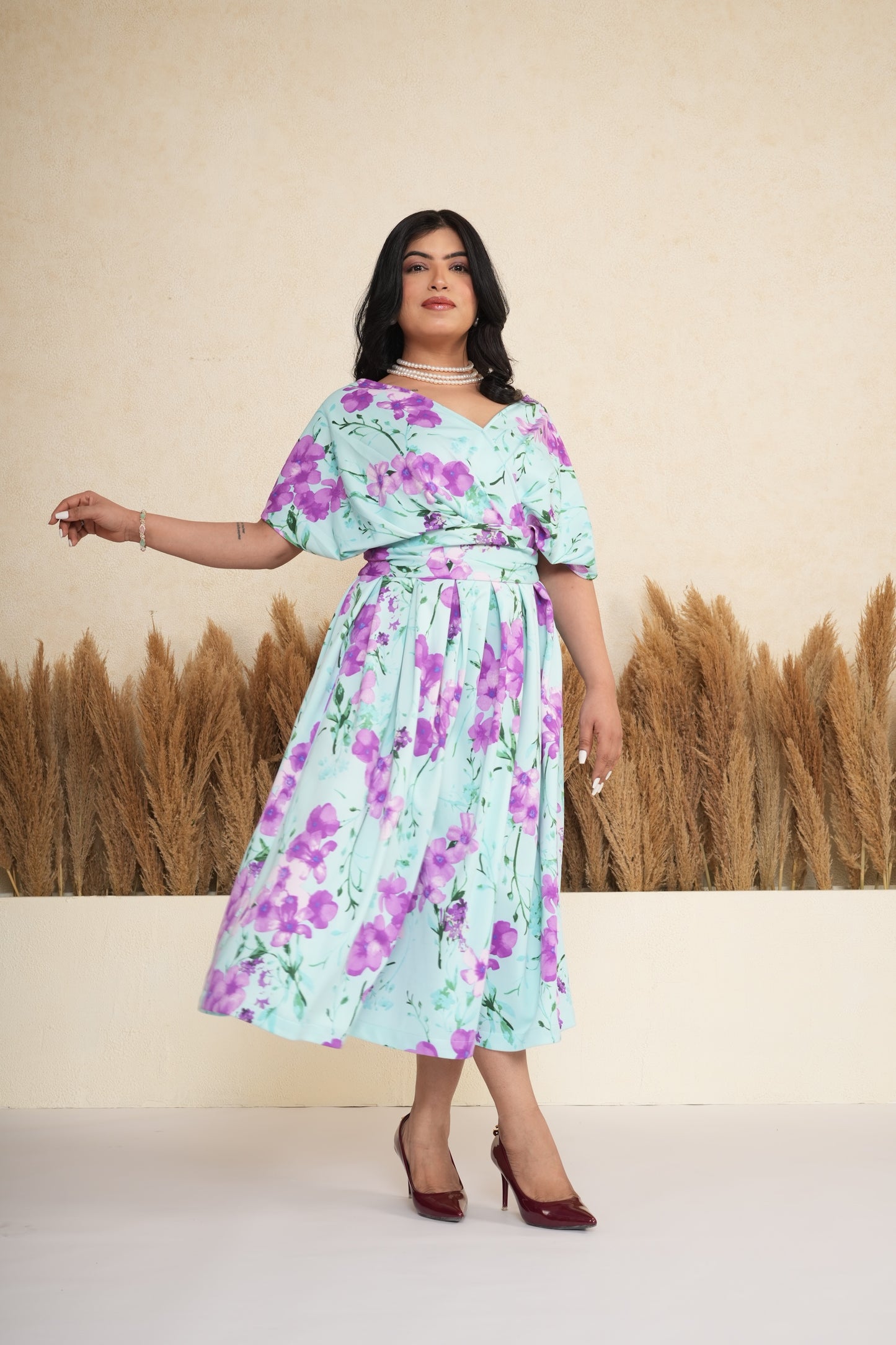 Floral Wrap Box Pleated Midi Dress