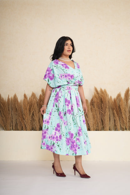 Floral Wrap Box Pleated Midi Dress