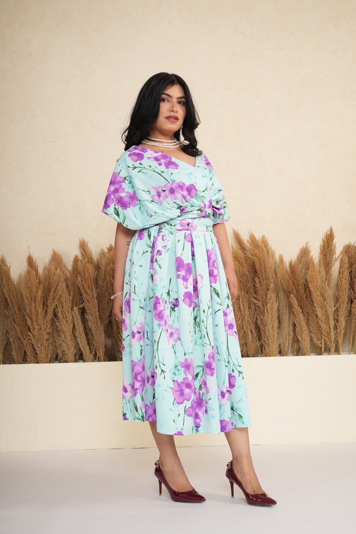 Floral Wrap Box Pleated Midi Dress
