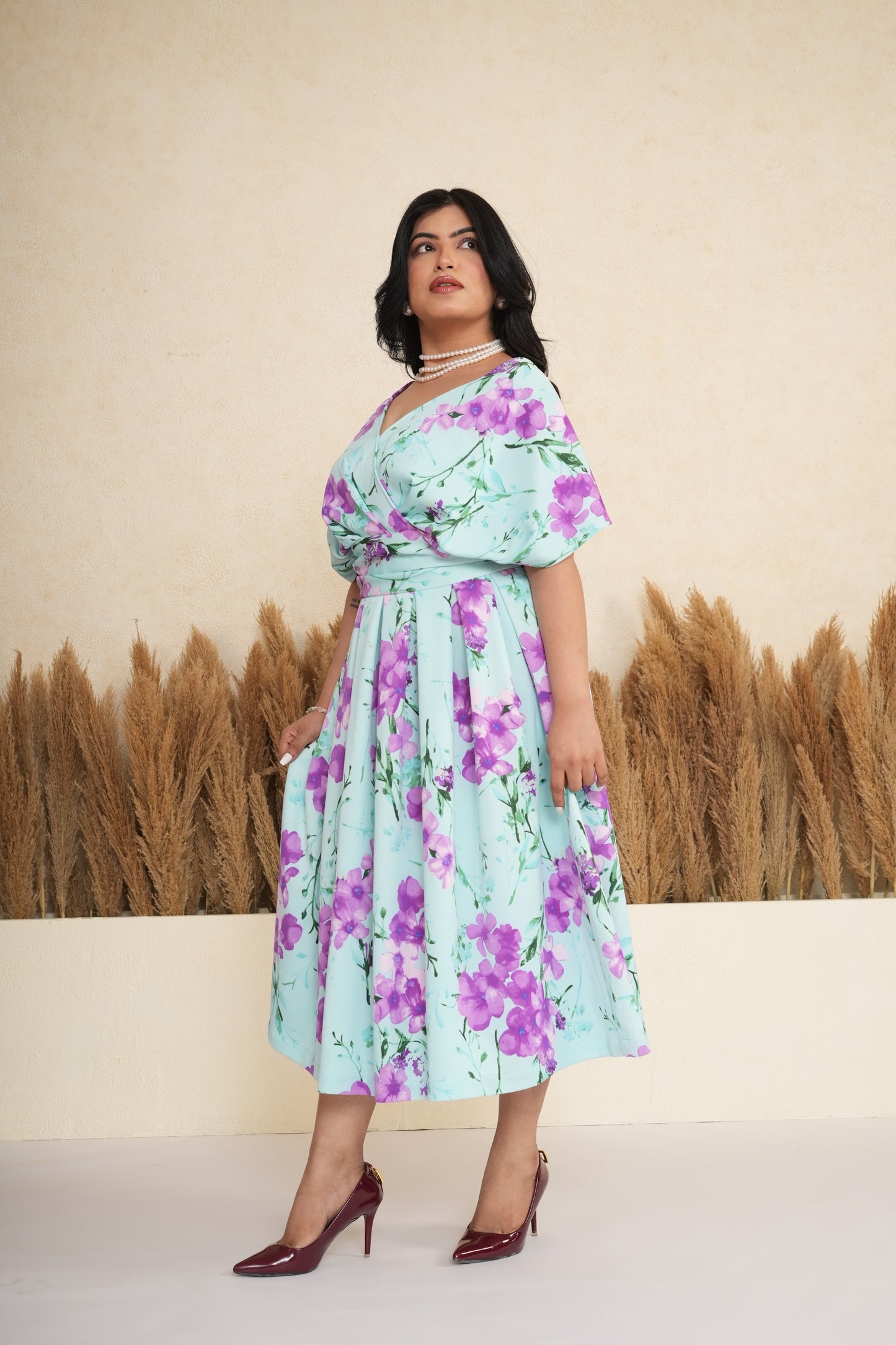 Floral Wrap Box Pleated Midi Dress