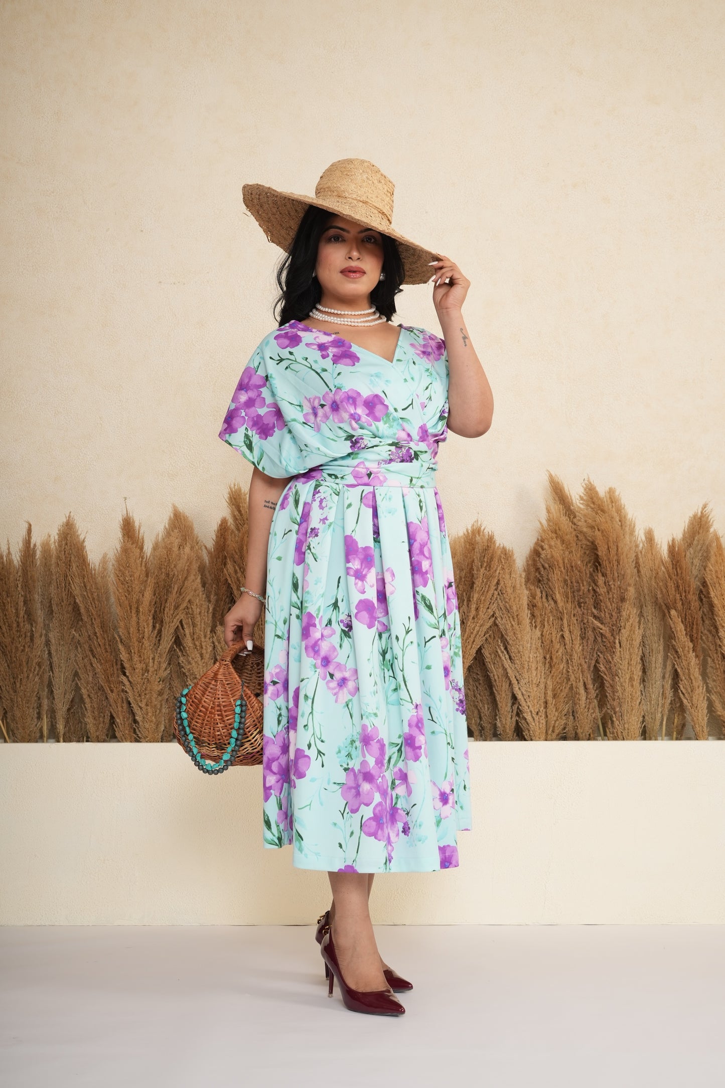 Floral Wrap Box Pleated Midi Dress