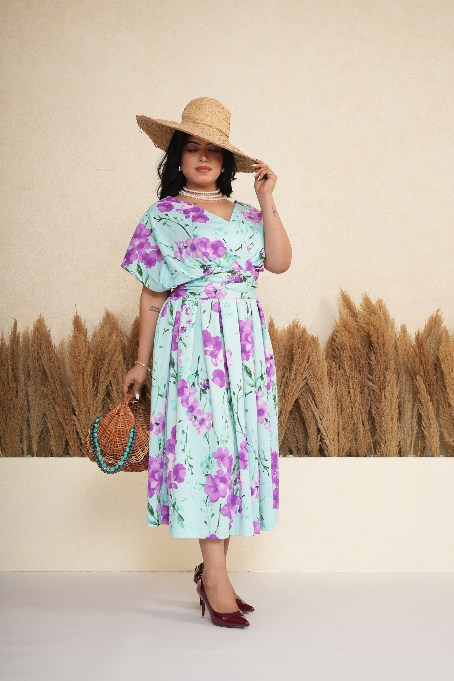 Floral Wrap Box Pleated Midi Dress