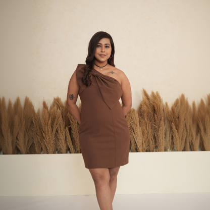 Cocoa Brown One-Shoulder Bow Sheath Dress
