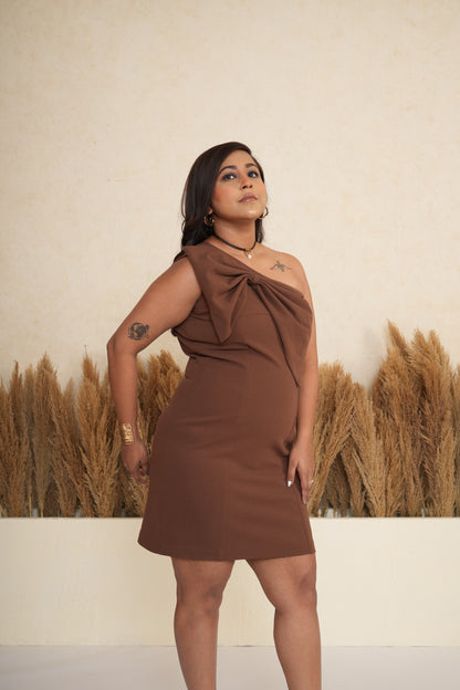 Cocoa Brown One-Shoulder Bow Sheath Dress