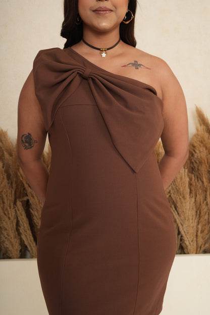 Cocoa Brown One-Shoulder Bow Sheath Dress