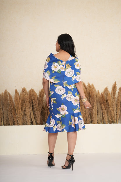 Royal Blue Floral Bloom Cold-Shoulder Alia Dress