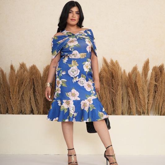 Royal Blue Floral Bloom Cold-Shoulder Alia Dress