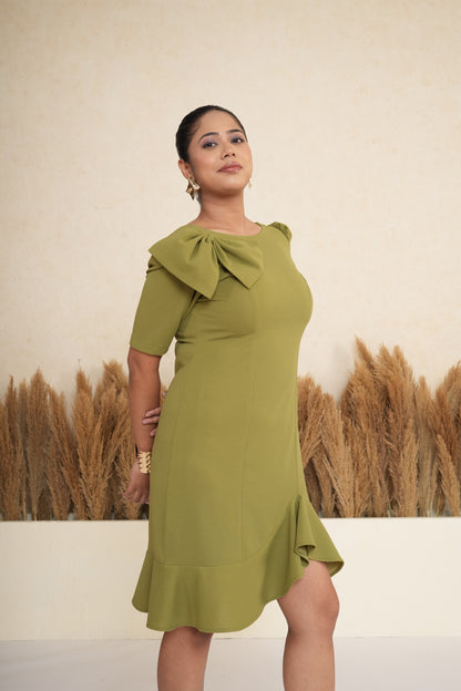 Olive Bow-Accent Ruffle Hem Dress