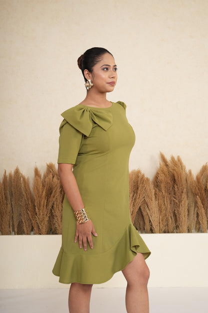 Olive Bow-Accent Ruffle Hem Dress