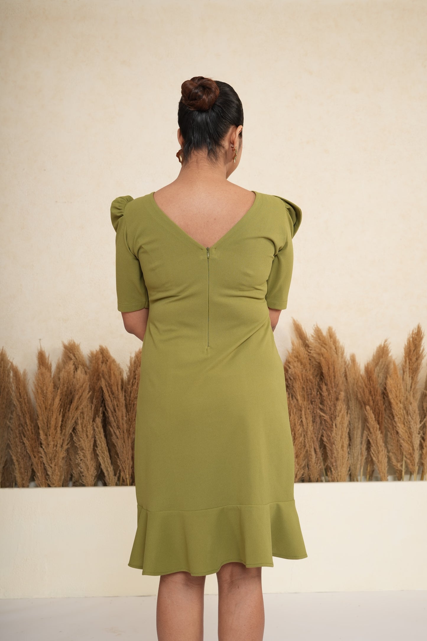 Olive Bow-Accent Ruffle Hem Dress