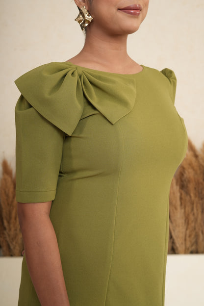 Olive Bow-Accent Ruffle Hem Dress