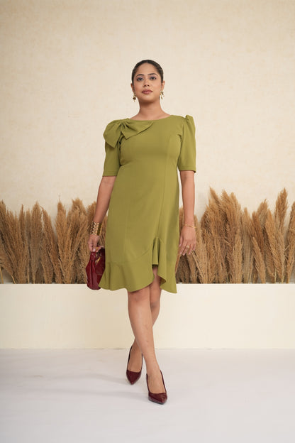 Olive Bow-Accent Ruffle Hem Dress