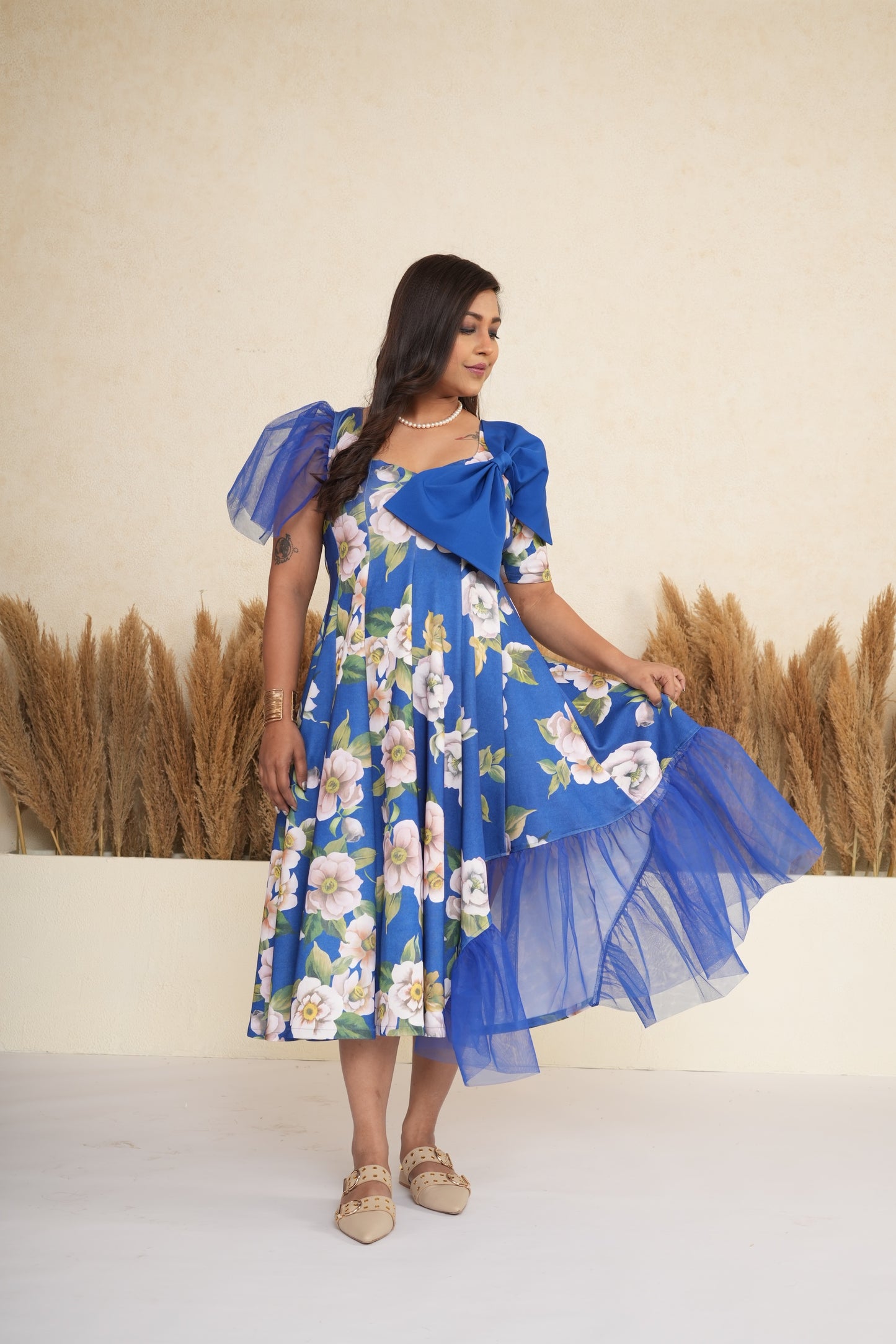 Cobalt Blue Floral Bow Dress