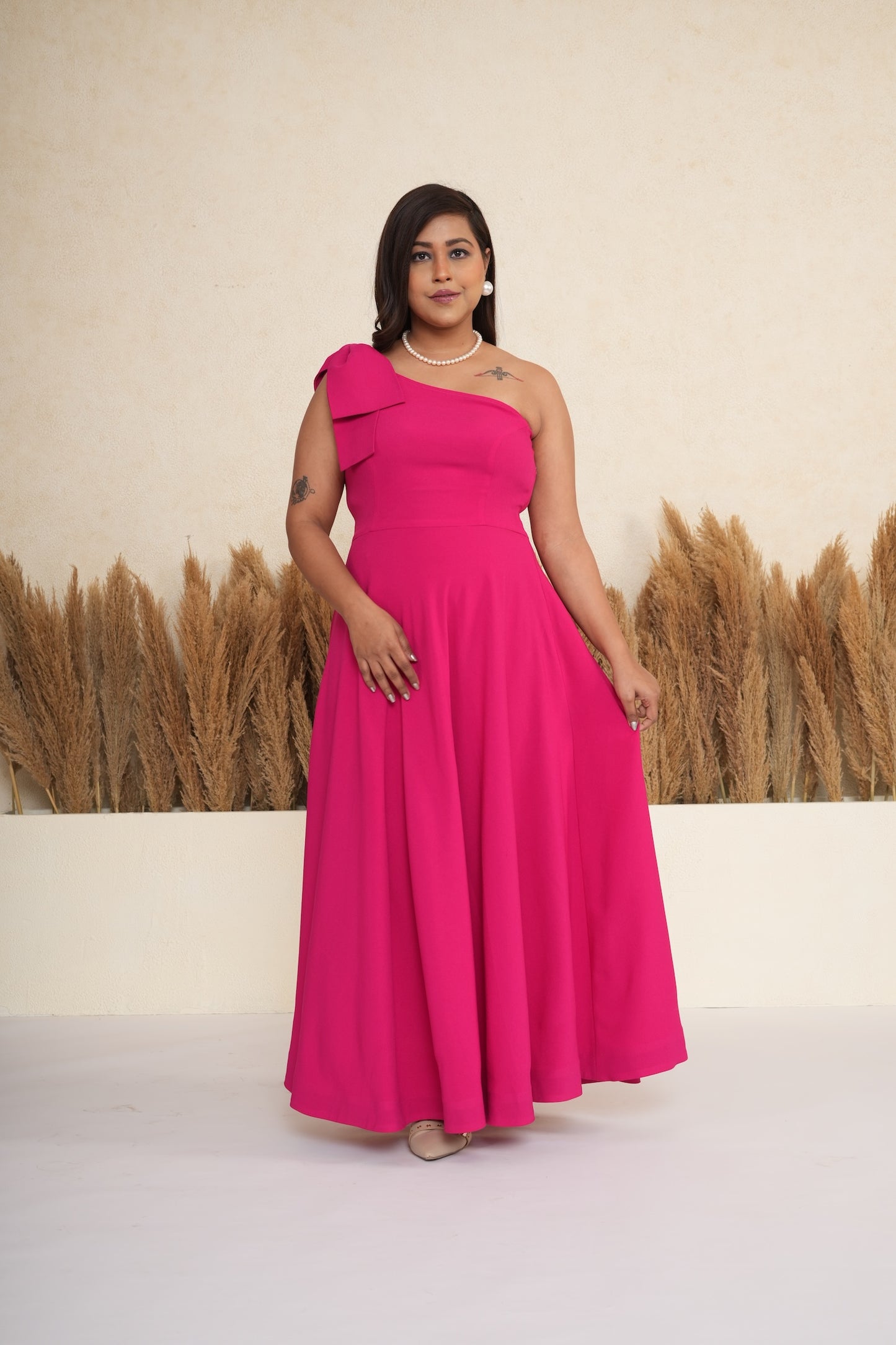 Pink One-Shoulder Bow Long Dress