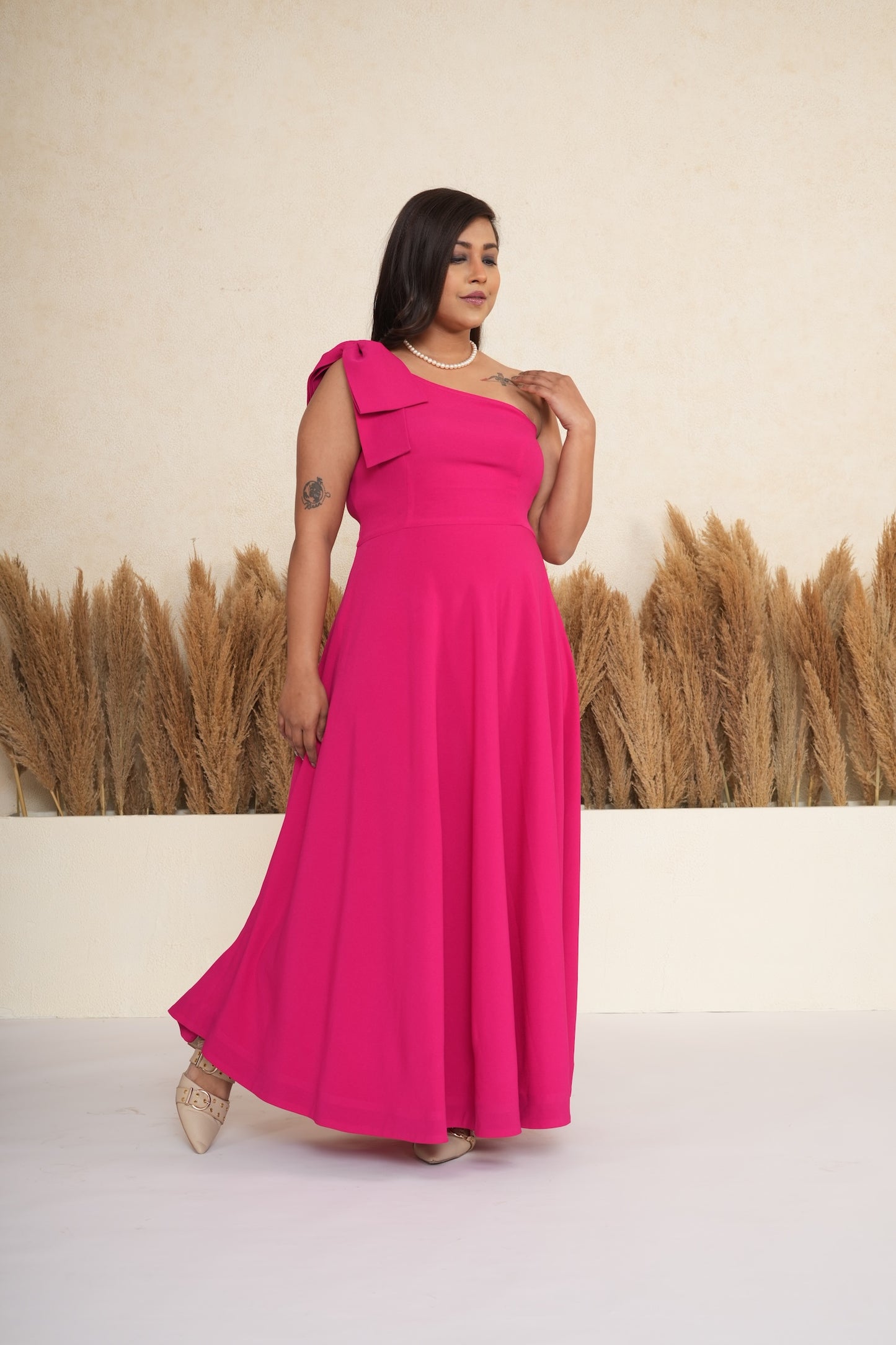 Pink One-Shoulder Bow Long Dress