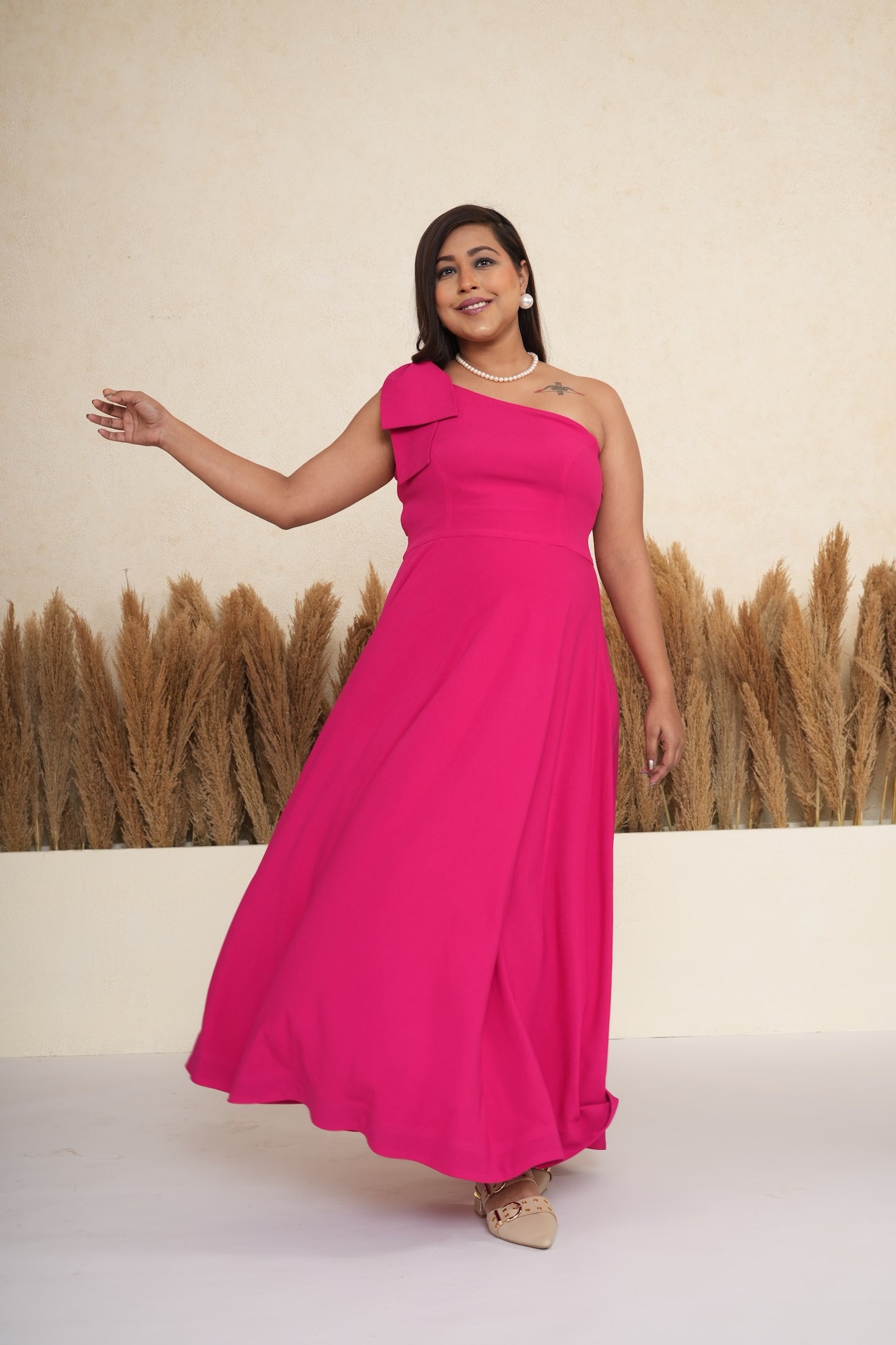 Pink One-Shoulder Bow Long Dress