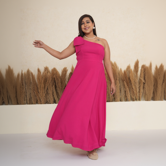 Pink One-Shoulder Bow Long Dress
