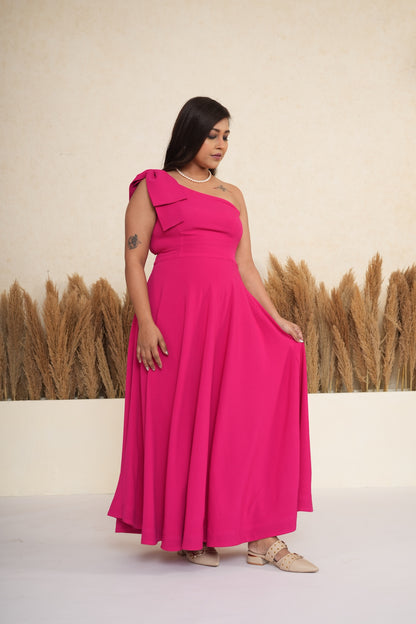 Pink One-Shoulder Bow Long Dress