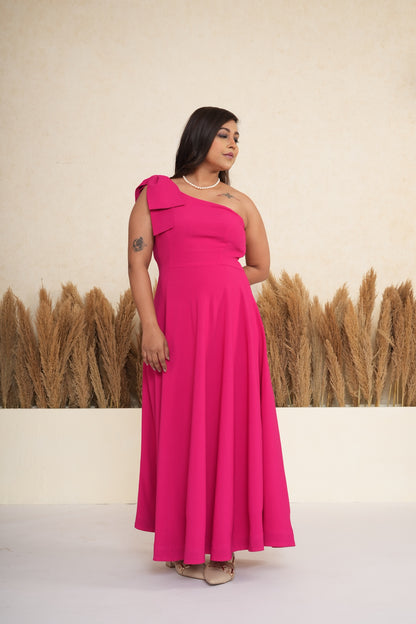 Pink One-Shoulder Bow Long Dress