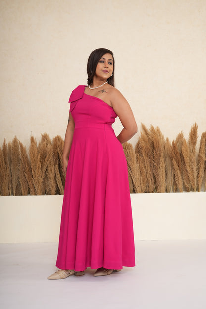 Pink One-Shoulder Bow Long Dress