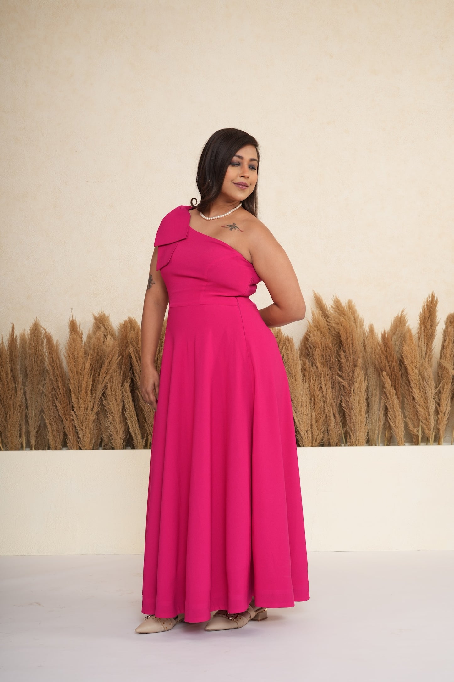 Pink One-Shoulder Bow Long Dress