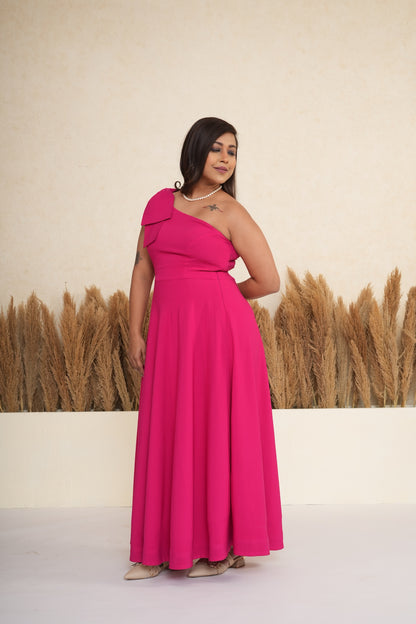 Pink One-Shoulder Bow Long Dress